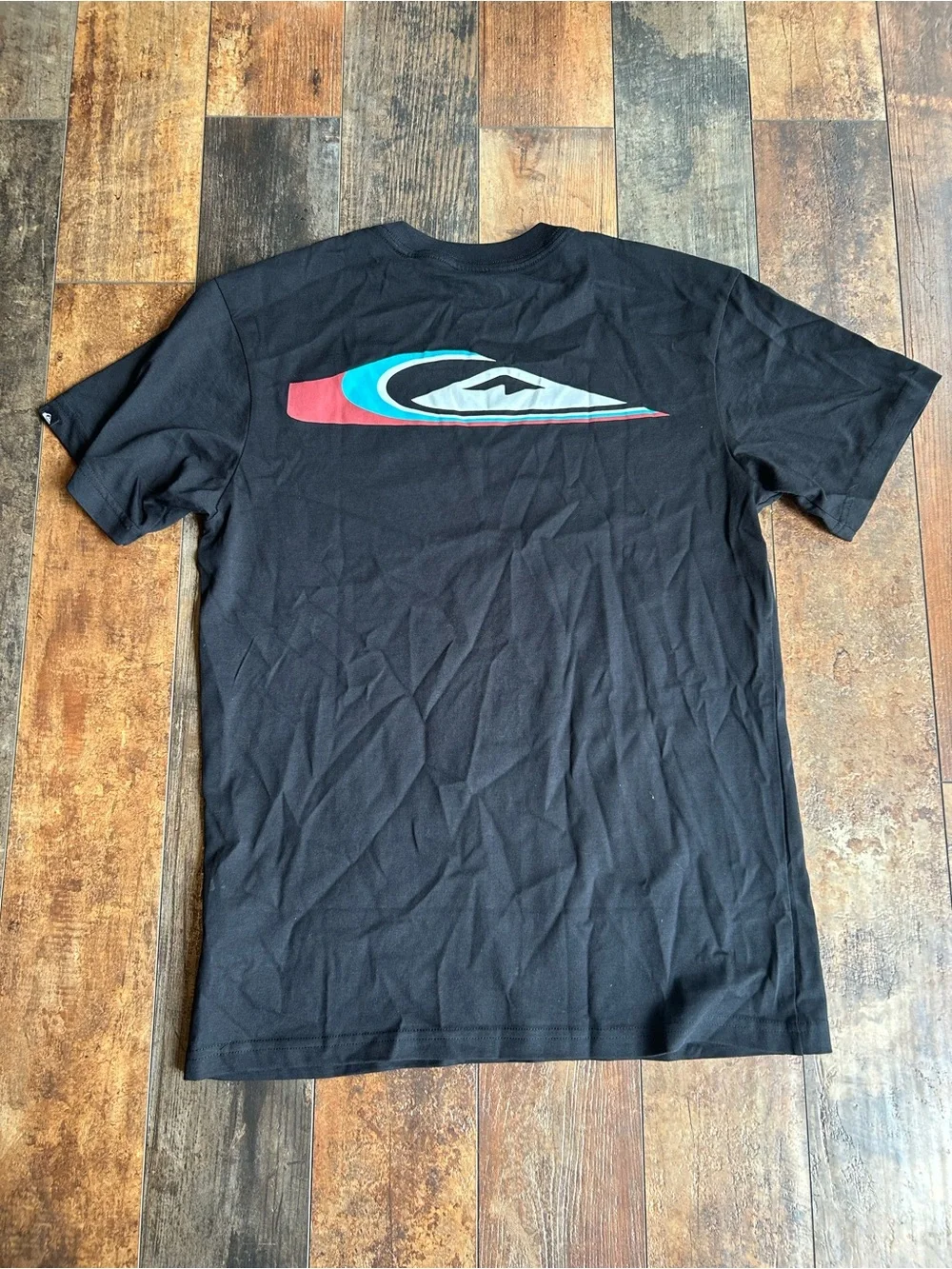 Quiksilver Black Short Sleeve Tee with Red & Teal Logo